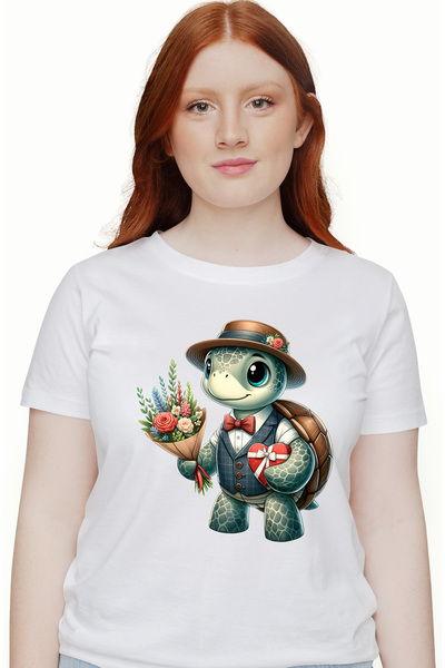 StoryGift Romania Tricou Femei cu o broasca testoasa care tine un buchet cu f...