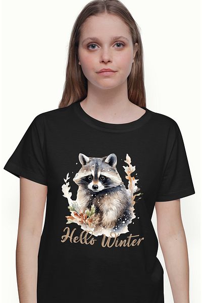 StoryGift Romania Tricou Femei cu raton cu mesajul "Hello Winter", salut, buna, Craciun fericit, i BLK_M
