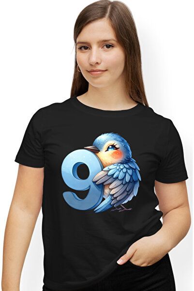 StoryGift Romania Tricou Femei cu o pasare albastra cu cifra 9, ilustratie, p...
