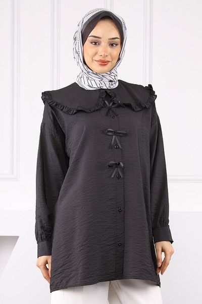İmajButik Μαύρο πουκάμισο με γιακά μωρού με λεπτομέρεια φιόγκου