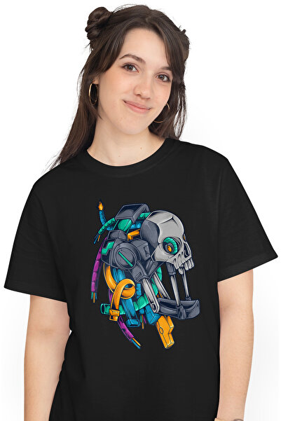 StoryGift Romania Tricou Femei Cu Extraterestru, Robot, Android, Cabluri, SF, Craniu, Multicolor BLK_L