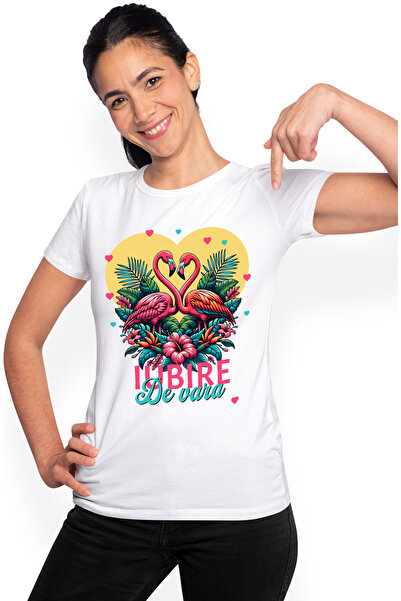 StoryGift Romania Tricou Femei pasari flamingo roz iubire dragoste de vara cu imprimeu pe Fata, 10 WHT_S