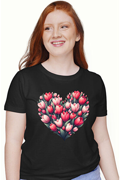 StoryGift Romania Tricou Femei cu o inima facuta din flori, ilustratie, lalel...
