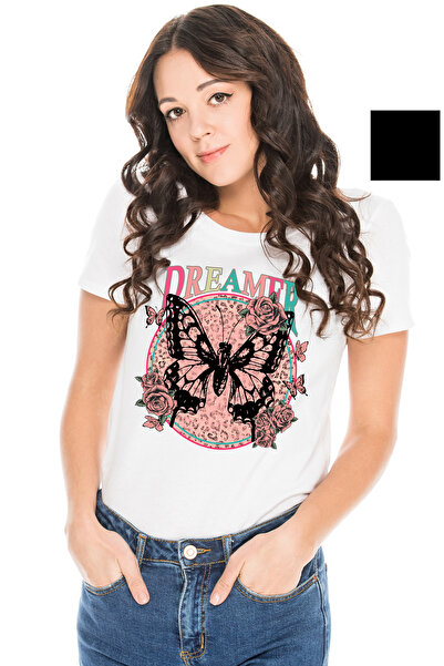 StoryGift Romania Tricou Femei cu fluture in centru si cu trandafiri cu mesajul "Dreamer", roz, il WHT_S