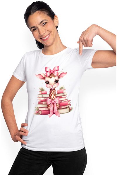 StoryGift Romania Tricou Femei cu o girafa vesela, ilustratie, teancuri cu carti, lectura, pentru WHT_L