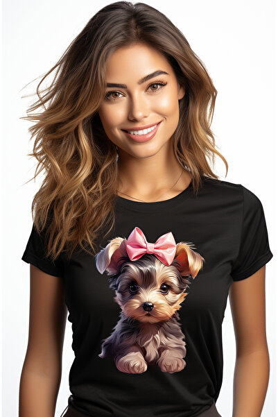 StoryGift Romania Tricou Femei cu o catelusa blanoasa, ilustratie, fundita, c...