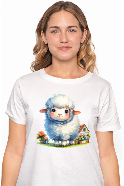 StoryGift Romania Tricou Femei cu o oita, ilustratie, multa lana, floricele, ferma, grajd, stana, WHT_L