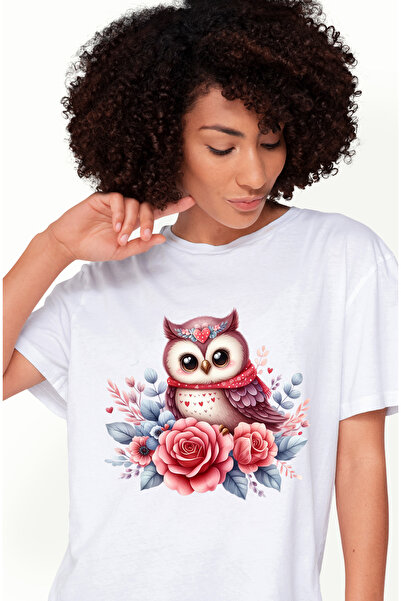 StoryGift Romania Tricou Femei cu o bufnita dragalasa, ilustratie, trandafiri...