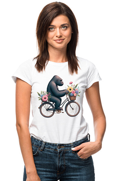 StoryGift Romania Tricou Femei cu o gorila care merge cu bicicleta, ilustrati...