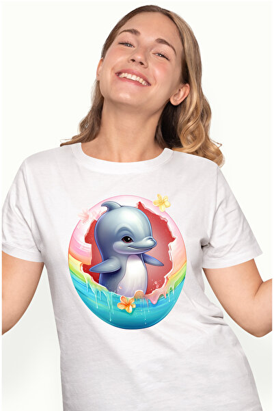 StoryGift Romania Tricou Femei cu un delfin vesel, ilustratie, apa, mare, ies...
