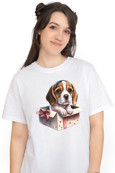 StoryGift Romania Tricou Femei cu un catel timid care iese dintr-o cutie de c...
