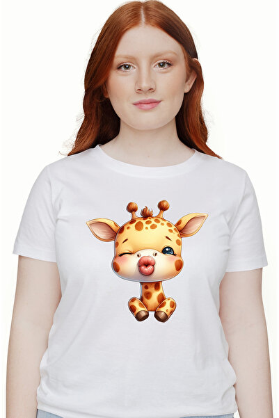 StoryGift Romania Tricou Femei cu o girafa care da un pupic, ilustratie, face...