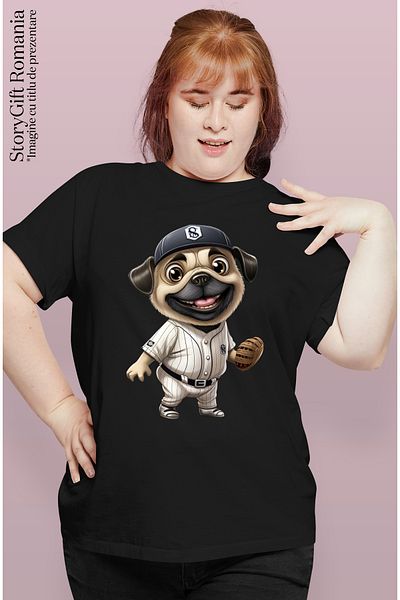 StoryGift Romania Tricou Femei cu un catel Pug care joaca baseball, manusa, prinde mingea, echipam BLK_L