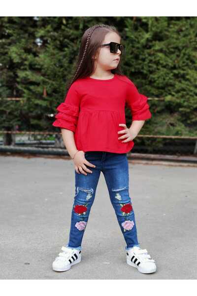 Burçak Butik Girl's Blouse and Flower Embroidered Denim Pants 2 Piece Set