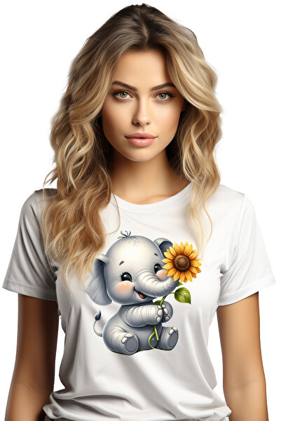 StoryGift Romania Tricou Femei cu un pui de elefant imbujorat care tine o flo...