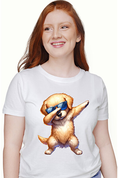 StoryGift Romania Tricou Femei cu un catel Golden Retriever care danseaza, ochelari de soare, ilus WHT_XS