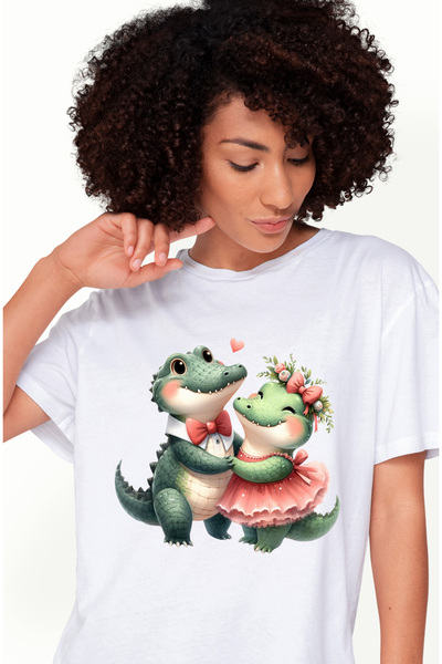 StoryGift Romania Tricou Femei cu 2 crocodili, ilustratie, funda, floricele, ...