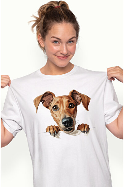 StoryGift Romania Tricou Femei cu un catel uimit, ilustratie, se uita peste g...