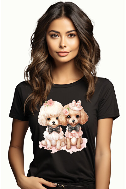 StoryGift Romania Tricou Femei cu o catelusa si un catel, ilustratie, flori, ...