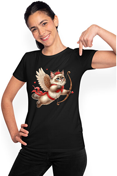 StoryGift Romania Tricou Femei cu o pisica Birmaneza Cupidon, ilustratie, trage cu arcul, indragos BLK_S