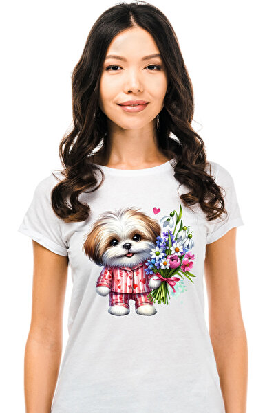 StoryGift Romania Tricou Femei cu un catel care tine un buchet cu flori, blan...