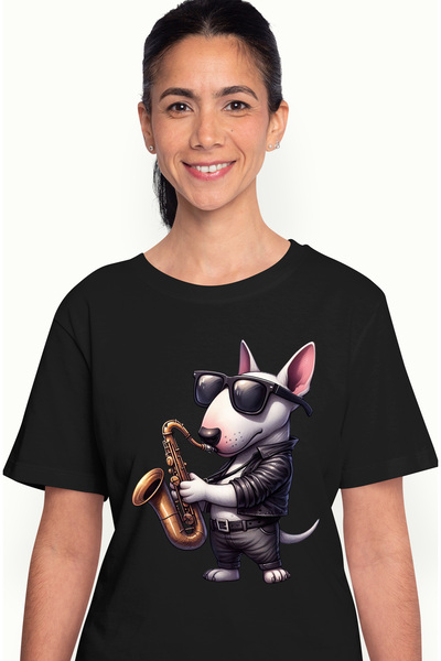 StoryGift Romania Tricou Femei cu un catel care canta la saxofon, ilustratie,...