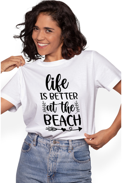 StoryGift Romania Tricou Femei cu mesajul "Life is better at the beach" - viata e mai buna pe plaj WHT_XL