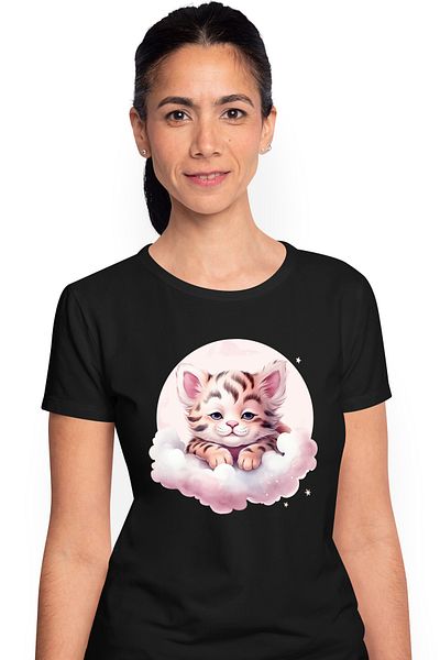 StoryGift Romania Women's T-shirt with a sleepy tiger cub, illustration, clouds, full moon, star BLK_XS