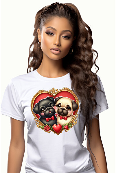 StoryGift Romania Tricou Femei cu o catelusa si un catel, ilustratie, Pug, ca...