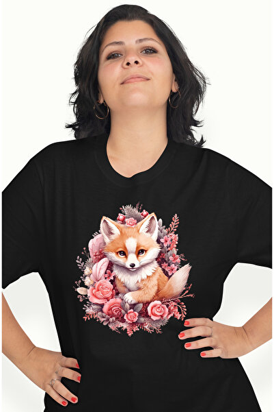 StoryGift Romania Tricou Femei cu o vulpe inconjurata cu flori, ilustratie, p...