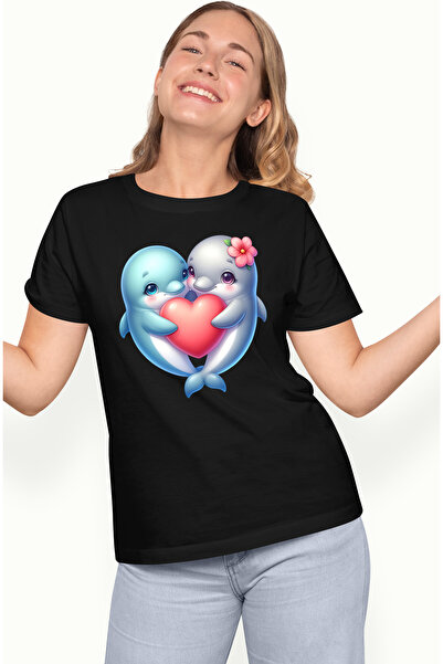 StoryGift Romania Women's T-shirt with 2 dolphins hugging and holding a heart...