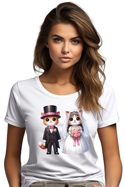 StoryGift Romania Tricou Femei cu o pisica si un motan la nunta, ilustratie, ...