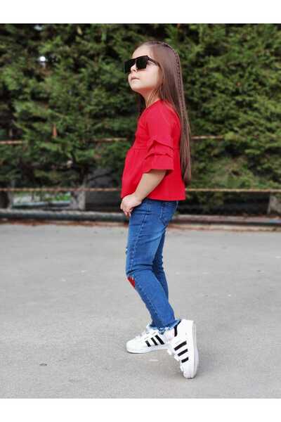 Burçak Butik Girl's Blouse and Flower Embroidered Denim Pants 2 Piece Set