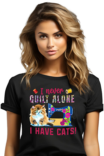 StoryGift Romania Tricou Femei cu mesajul "I never quilt alone, I have cats!"...