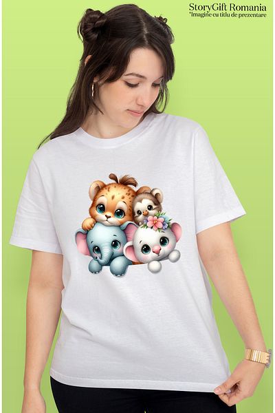 StoryGift Romania Women's T-shirt with animals, illustration, elephant, teddy bear, tiger, children, friendship WHT_S