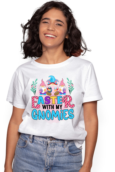 StoryGift Romania Tricou Femei cu mesajul "Easter with my gnomies", pitici, Paste fericit, ilustra WHT_S