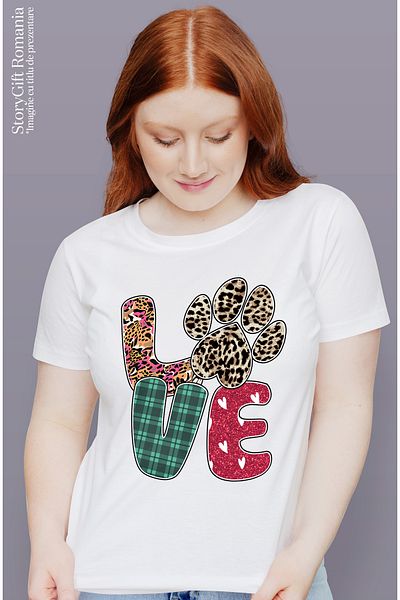 StoryGift Romania Tricou Femei cu mesajul "Love", caine, animal de companie, ilustratie, iubire, p WHT_L