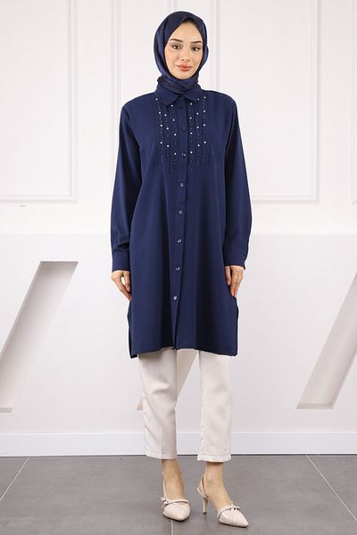 İmajButik Navy Blue Linda Tunic with Stone Detail on the Front