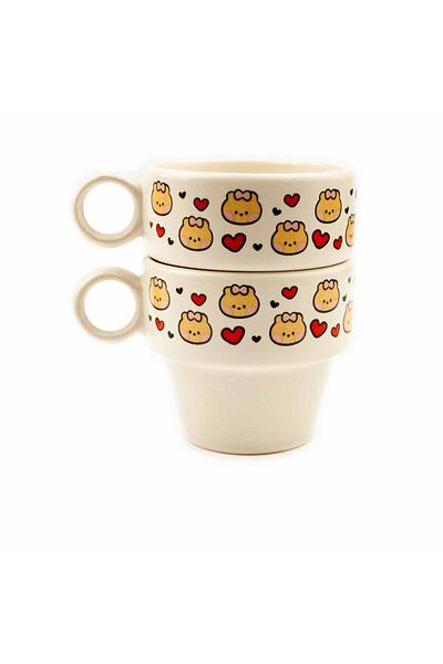 PALTO TASARIM Red Hearts & Puppy Set of 2 Espresso Cups - Gift Ceramic Cup