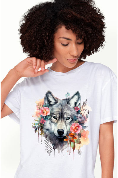 StoryGift Romania Tricou Femei cu un lup serios, ilustratie, flori, natura, plante, padure, pradat WHT_S