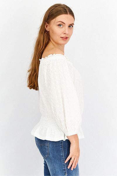 Ralph Lauren Women Off Shoulder Neckline Puffed Sleeve Jersey Eyelet Blouse, White