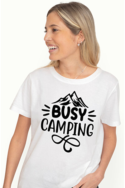 StoryGift Romania Tricou Femei cu munti pentru iubitorii de camping cu textul "Busy camping" - ocu WHT_XL