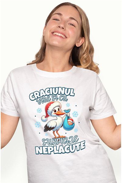 StoryGift Romania Women's T-shirt Christmas comes with unpleasant surprises, stork with baby, print WHT_XL