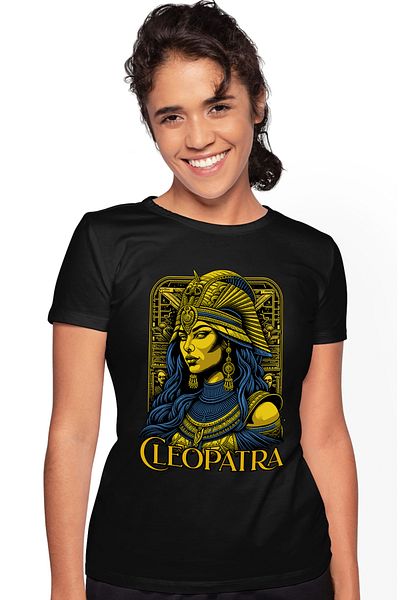 StoryGift Romania Women's T-shirt Cleopatra Queen of Gold, Egypt Wealth with Print on Face, 100% Cotton BLK_XS