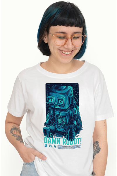 StoryGift Romania Tricou Femei Cu Robot Albastru Copil Trist Text In Engleza ...