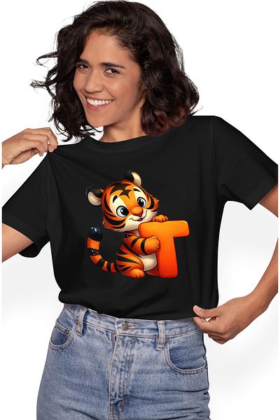 StoryGift Romania Women's T-shirt with a tiger with the letter "T", illustration, for children, school, student, BLK_M