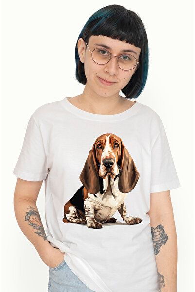 StoryGift Romania Tricou Femei cu un caine serios, ilustratie, urechile aplecate, pentru iubitorii WHT_L