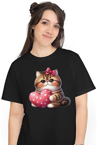 StoryGift Romania Tricou Femei cu o pisicuta grasuta care tine o inima, ilust...