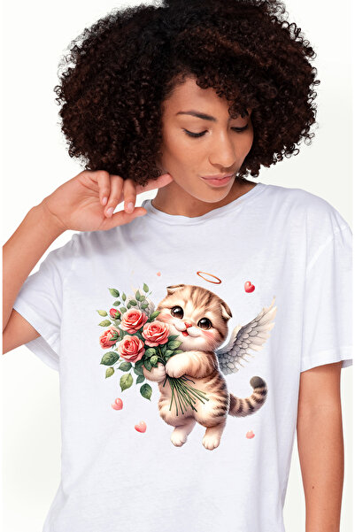 StoryGift Romania Tricou Femei cu o pisicuta cu aripi care tine un buchet cu ...