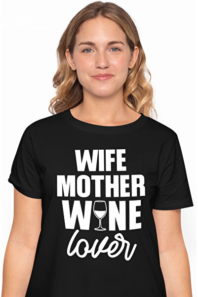 StoryGift Romania Tricou Femei cu mesajul in engleza "Wife, mother, wine lover" - sotie, mama, iub BLK_XL